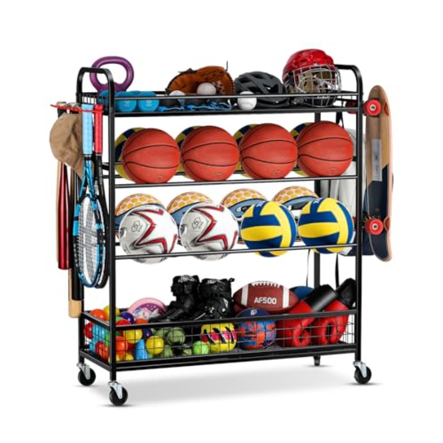 Sports Equipment Storage Rack - Garage Sports Equipment Organizer - Rolling